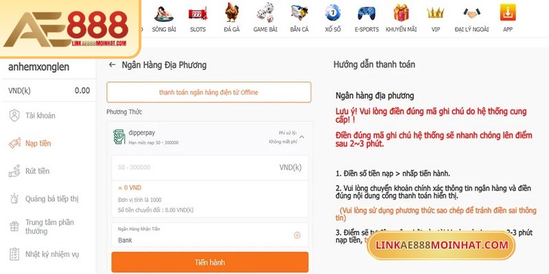 Các bạn hãy kiểm tra toàn bộ thông tin cẩn thận trước khi nạp tiền AE888
